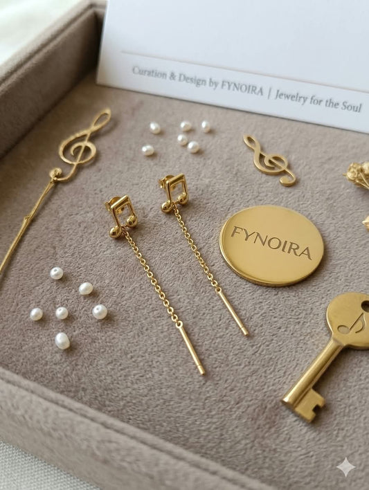 gold music note drop chain earrings